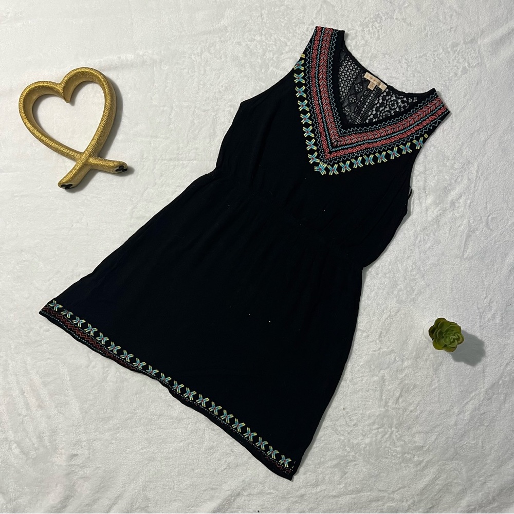 Skies Are Blue Black Mini Dress with Pink and Green Accents